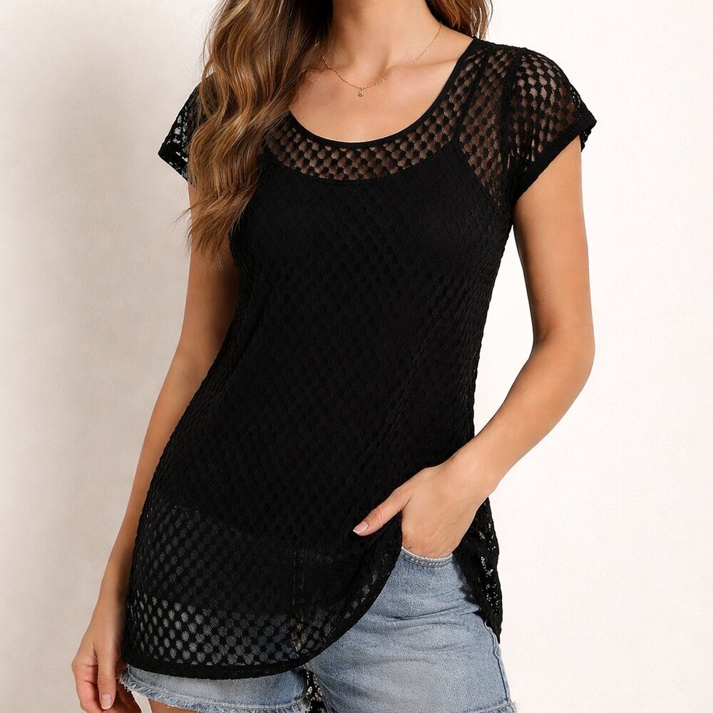 Banana Republic Sheer Black Short Sleeve Top Size Small Stretch
